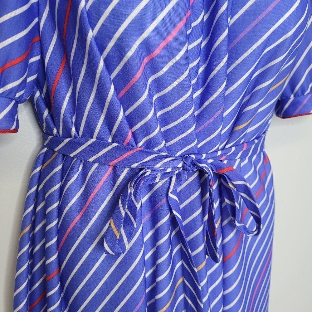 VINTAGE 70s‎ dress blue striped puff sleeve tie waist midi M - Picture 3 of 11